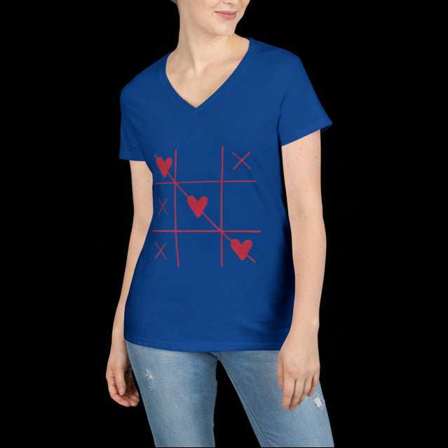Heart Tic-Tac-Toe Women’s V-Neck T-Shirt – Minimal Valentine Graphic Tee