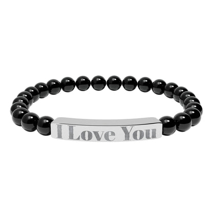 Personalized Stone Bead Bracelet with Custom Engraved Name Bar – Elegant Handmade Gift