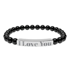 Personalized Stone Bead Bracelet with Custom Engraved Name Bar – Elegant Handmade Gift