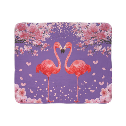 Flamingo Heart Sherpa Blanket – Pink Flamingos on Purple Cherry Blossom Throw