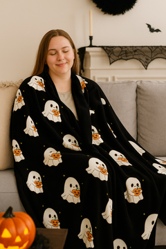 “Ghost & Pumpkin Cozy Plush Fleece Blanket | Cute Halloween Throw 30×40”