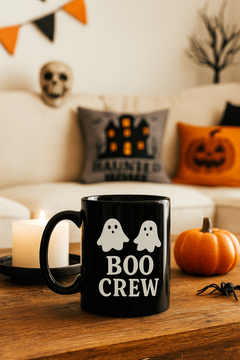 “Boo Crew Black 11 oz Mug | Halloween Drinkware”