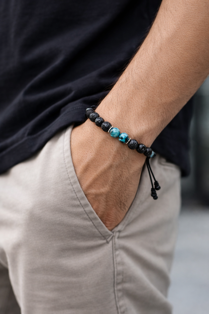 Black Volcanic Stone & Turquoise Beaded Bracelet – 8mm Energy Yoga Bracelet