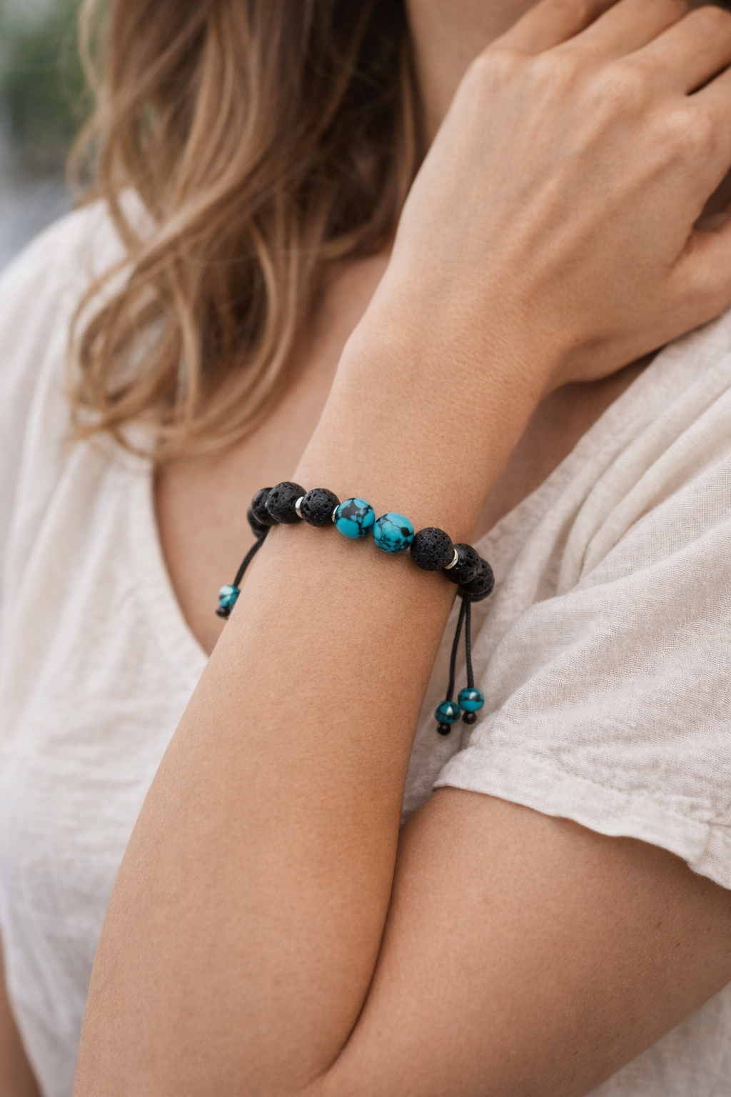 Black Volcanic Stone & Turquoise Beaded Bracelet – 8mm Energy Yoga Bracelet