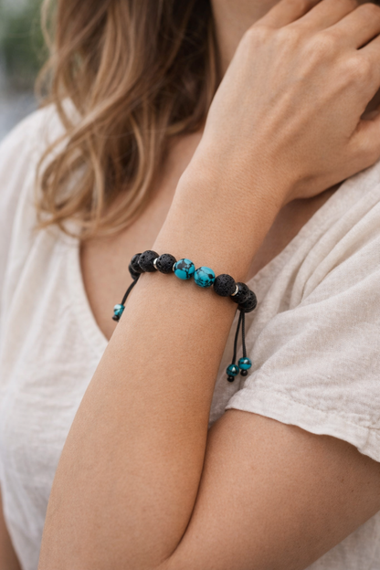 Black Volcanic Stone & Turquoise Beaded Bracelet – 8mm Energy Yoga Bracelet
