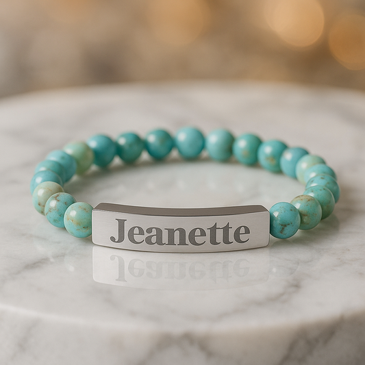 Personalized Stone Bead Bracelet with Custom Engraved Name Bar – Elegant Handmade Gift