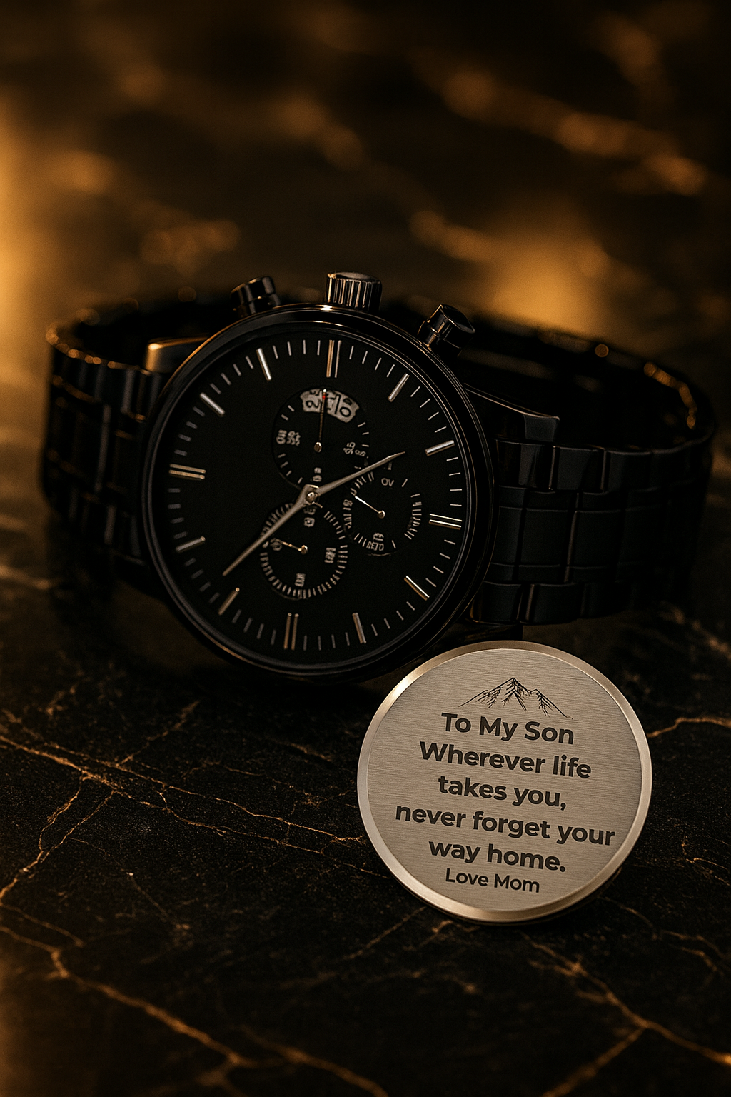 “To My Son” Black Chronograph Watch – Personalized Engraved Gift (From Mom, Dad, Grandpa, Grandma & More)