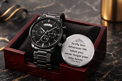 “To My Son” Black Chronograph Watch – Personalized Engraved Gift (From Mom, Dad, Grandpa, Grandma & More)