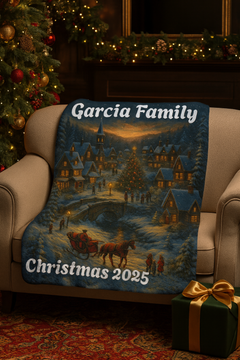 Personalized Christmas Village Blanket – Custom Family Name Holiday Throw, Cozy Winter Scene Keepsake 2025