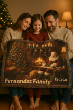 Personalized Christmas Woven Blanket: Heirloom Santa Fireplace Throw