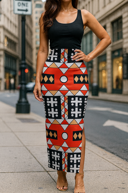 High Waist Geometric Print Split Skirt – Plus Size Slim Fit | Trendy Women’s Office & Casual Wear