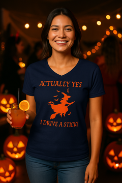 Actually Yes, I Drive a Stick Halloween Witch V-Neck Tee – Women’s Cotton T-Shirt
