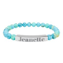 Personalized Stone Bead Bracelet with Custom Engraved Name Bar – Elegant Handmade Gift