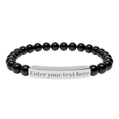 Personalized Stone Bead Bracelet with Custom Engraved Name Bar – Elegant Handmade Gift