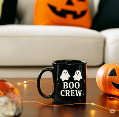 “Boo Crew Black 11 oz Mug | Halloween Drinkware”