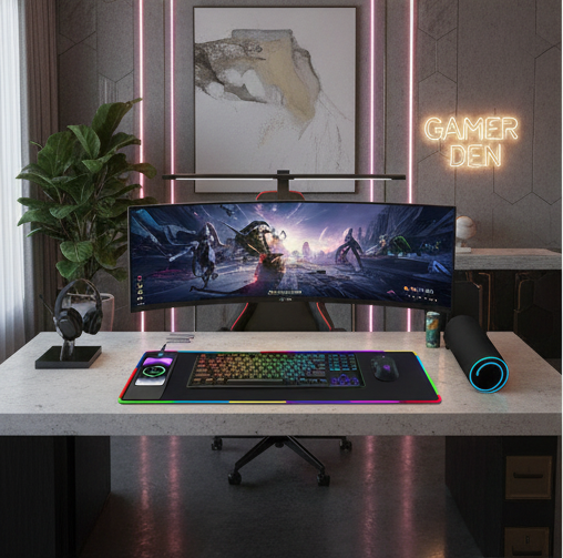 RGB Illuminated Wireless Charging Desk Mat - Non-Slip 12x35.5 Inch