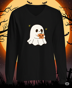 “Ghost Pumpkin Ladies’ Performance V-Neck | Lightweight Halloween Tee”