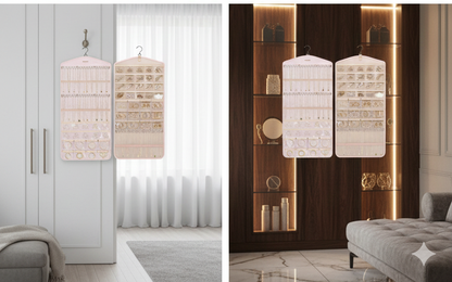 BAGSMART XL Dual-Sided Hanging Jewelry Storage with Metal Hooks - Pink