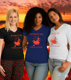 "Actually Yes, I Drive a Stick" – Funny Halloween Witch Shirt for Women