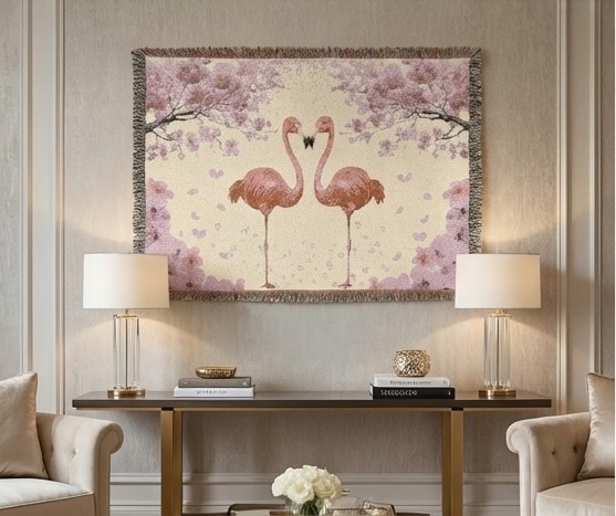 Flamingo Woven Throw Blanket —Pink Cherry Blossom Floral Design