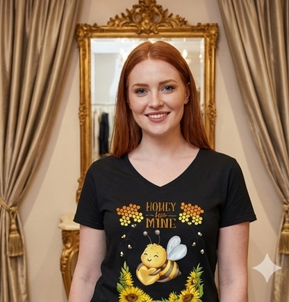 Honey Bee Mine Valentine’s Day V-Neck T-Shirt – Cute Bee & Sunflower Graphic Tee