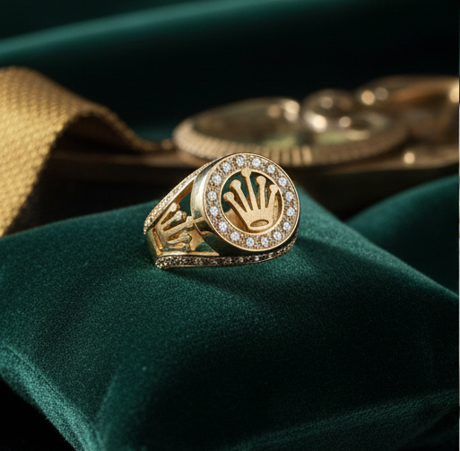 Rose Gold Crown Ring with Diamond Inlay Luxury Design