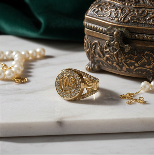 Rose Gold Crown Ring with Diamond Inlay Luxury Design