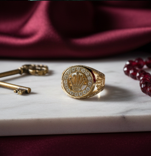 Rose Gold Crown Ring with Diamond Inlay Luxury Design