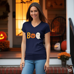 BOO-tiful V-Neck Tee – Cute Ghost & Pumpkin Halloween Shirt