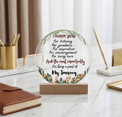 Thank You Glass Plaque – Floral Appreciation Keepsake with Wooden Base