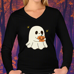 “Ghost Pumpkin Ladies’ Performance V-Neck | Lightweight Halloween Tee”