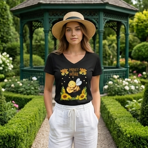 Honey Bee Mine Valentine’s Day V-Neck T-Shirt – Cute Bee & Sunflower Graphic Tee