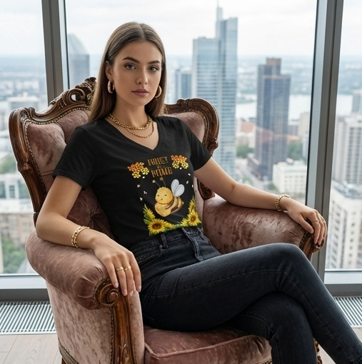 Honey Bee Mine Valentine’s Day V-Neck T-Shirt – Cute Bee & Sunflower Graphic Tee