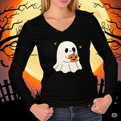 “Ghost Pumpkin Ladies’ Performance V-Neck | Lightweight Halloween Tee”
