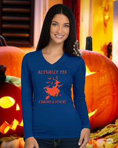 "Actually Yes, I Drive a Stick" – Funny Halloween Witch Shirt for Women