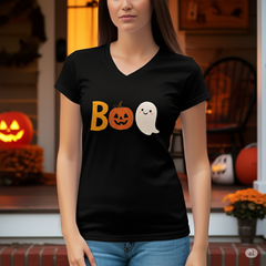 BOO-tiful V-Neck Tee – Cute Ghost & Pumpkin Halloween Shirt