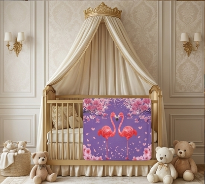 Flamingo Heart Sherpa Blanket – Pink Flamingos on Purple Cherry Blossom Throw