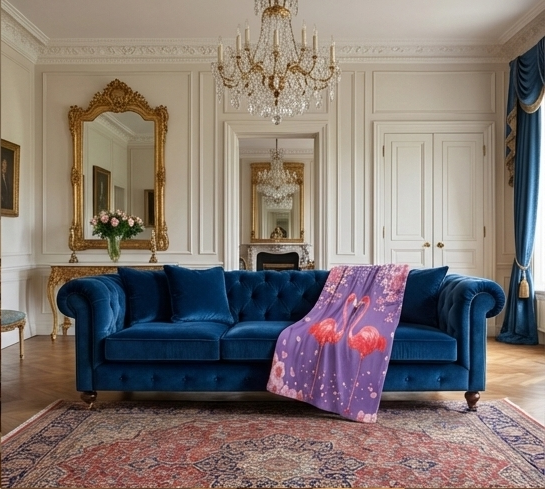 Flamingo Heart Sherpa Blanket – Pink Flamingos on Purple Cherry Blossom Throw