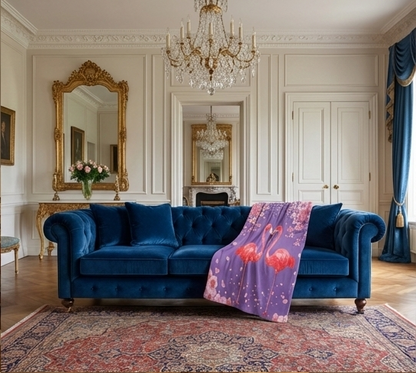 Flamingo Heart Sherpa Blanket – Pink Flamingos on Purple Cherry Blossom Throw