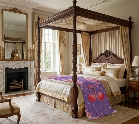 Flamingo Heart Sherpa Blanket – Pink Flamingos on Purple Cherry Blossom Throw