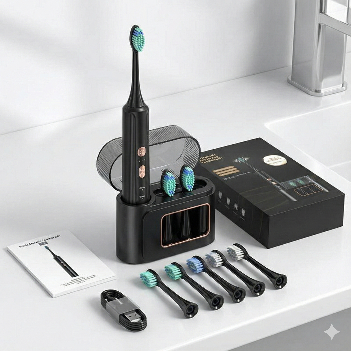 ADA-Certified AquaSonic Electric Toothbrush – Black Series, 4 Modes, Smart Timer, 8 Replacement Heads