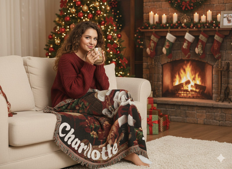 Personalized Christmas Woven Blanket: Heirloom Santa Fireplace Throw