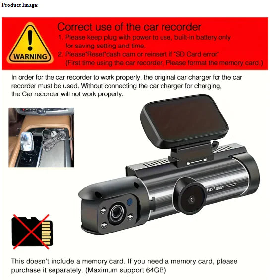 360° Dual Camera Dash Cam – 1080p HD Front & Inside Recording with Night Vision