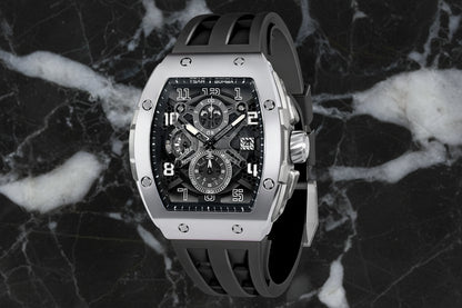 TSAR BOMBA Watch for Men 50M Waterproof Mens Watches Luxury Tonneau Black Watch with Silicone Watch Bands Japanese Quartz Movement Chronograph Gifts for Men