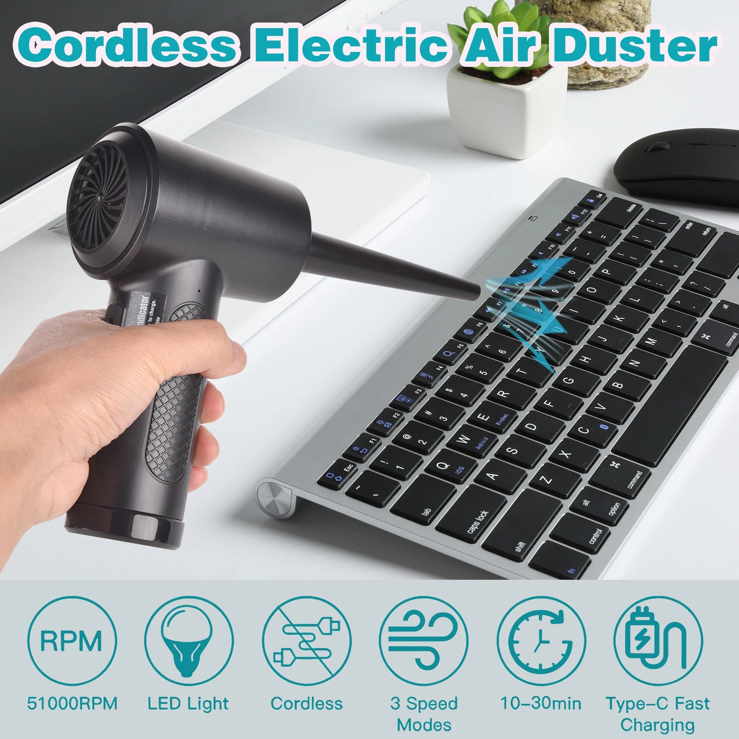 51000 RPM Cordless Compressed Air Duster – Rechargeable Keyboard & PC Cleaner with LED Light