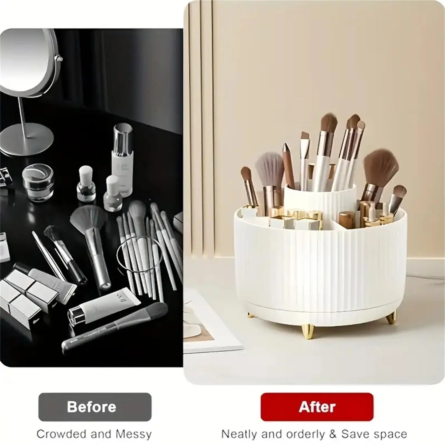 360° Rotating Makeup Organizer – Multi-Compartment Cosmetic & Brush Storage Holder