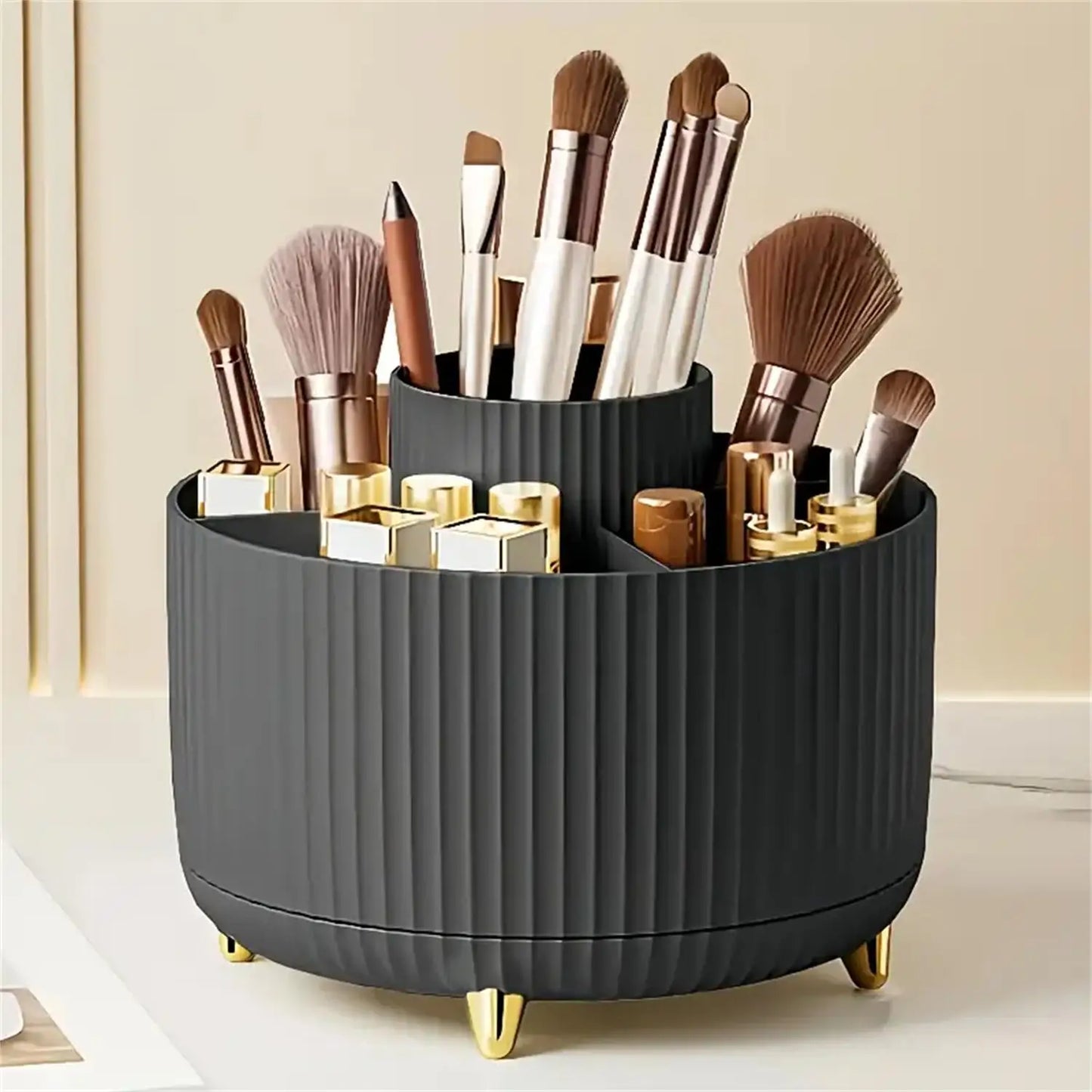 360° Rotating Makeup Organizer – Multi-Compartment Cosmetic & Brush Storage Holder