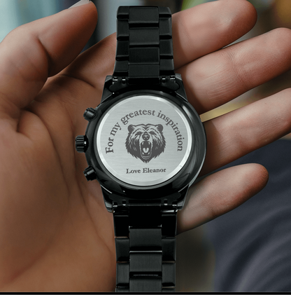 Personalized Black Chronograph Watch for Dad — “Time Well Spent” Engraved Gift from Son or Daughter