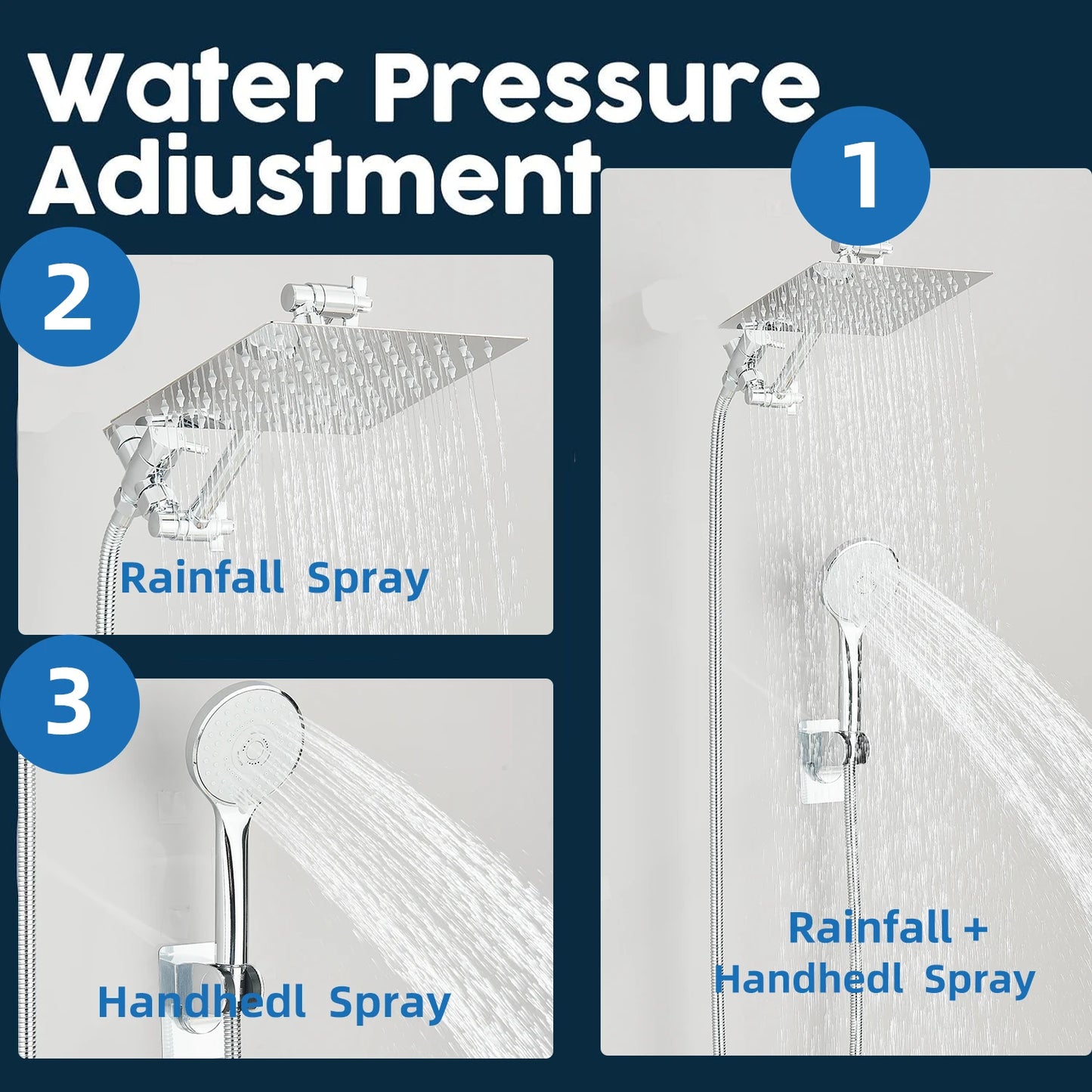 Shower Head Combo 8–12 Inch – High Pressure Rain Shower with Adjustable Extension Arm & 3-Way Handheld Spray | UniqSnaz