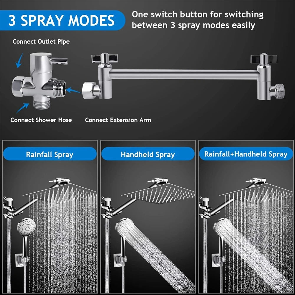 Shower Head Combo 8–12 Inch – High Pressure Rain Shower with Adjustable Extension Arm & 3-Way Handheld Spray | UniqSnaz